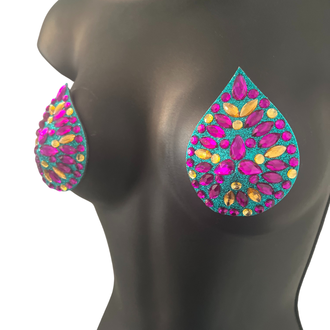 THE EMPIRE Aqua Glitter and Purple, Yellow & Iridescent Teardrop Nipple Pasty, Cover for Lingerie Festivals Carnival Burlesque Rave