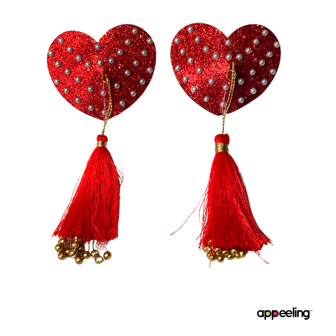 Fanny Valentine Glitter Hearts and Pearl  Pasties with Tassels (2 pcs) for Lingerie, Burlesque Festivals