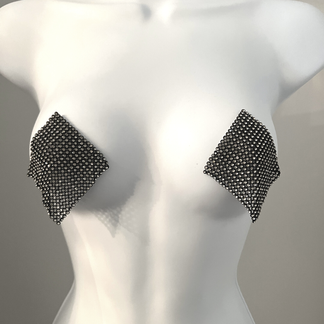 HOT MESH Black Mesh & Rhinestone Nipple Pasty, Cover for Lingerie Festivals Carnival Burlesque Rave