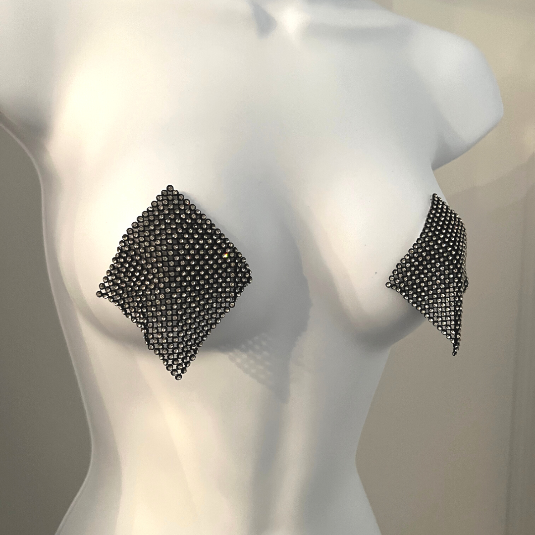 HOT MESH Black Mesh & Rhinestone Nipple Pasty, Cover for Lingerie Festivals Carnival Burlesque Rave