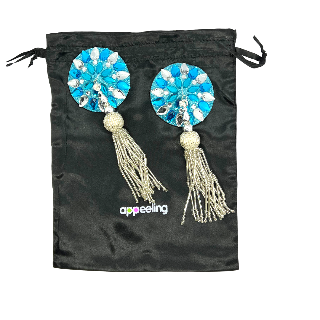 APHRODITE Glitter & Gem Nipple Pasties, Covers With Beaded Tassels, Aqua for Burlesque Lingerie Raves