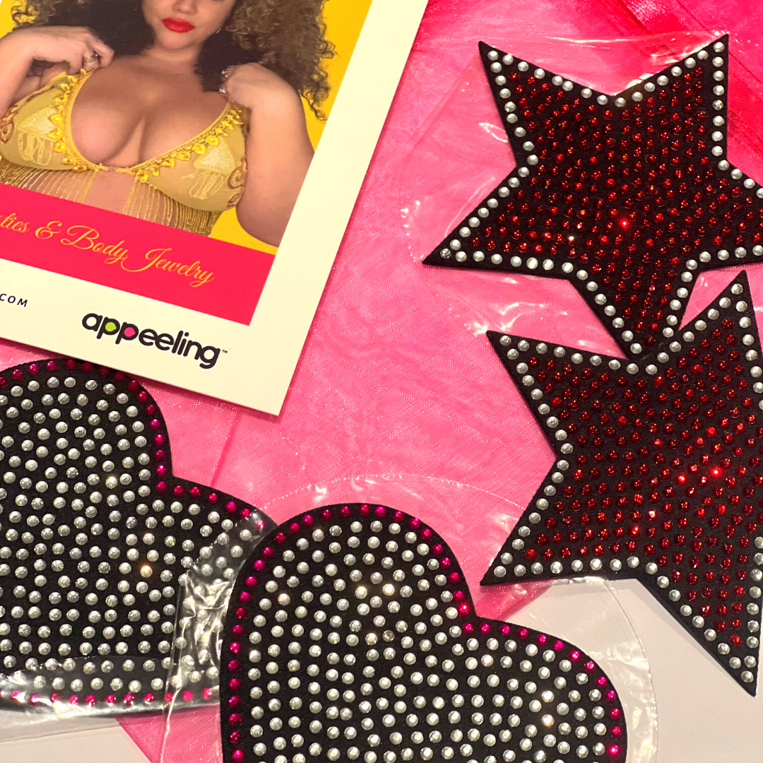 BUNDLE ROCK STAR - 2 paires de cache-tétons réutilisables en forme de cœur en cristal, cache-tétons (4 pièces) pour la lingerie et les festivals burlesques Raves – VENTE