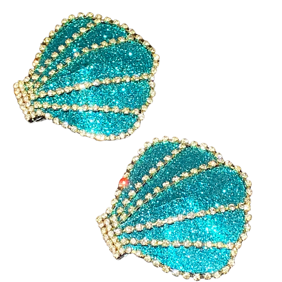 AQUA VITA  Aqua Shell Glitter & Rhinestone Nipple Pasties, Covers for Lingerie Burlesque Festivals Raves