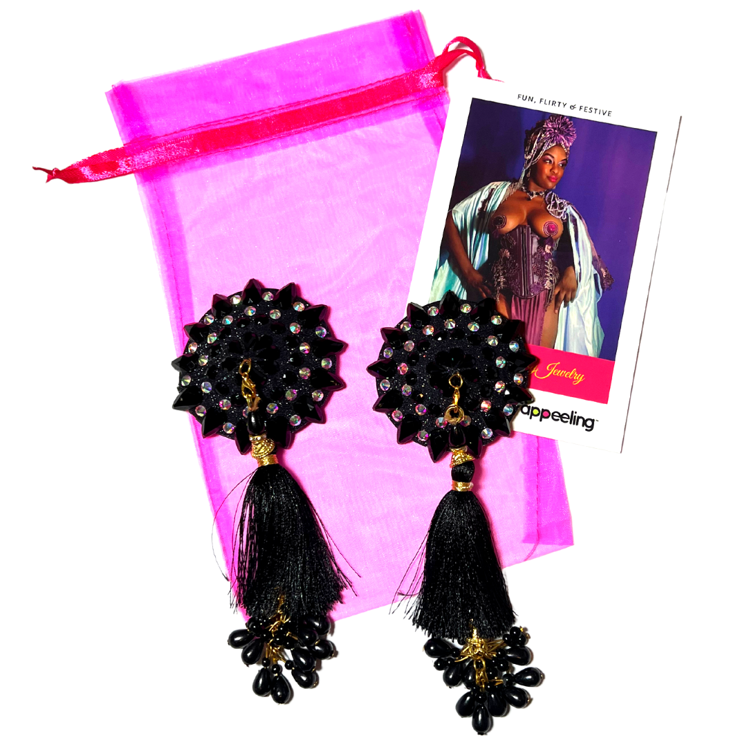 POUSSÉ CAFÉ Black & Crystal Nipple Pasty, Nipple Cover (2pcs) with Beaded Tassels for Lingerie Festivals Carnival Burlesque Rave