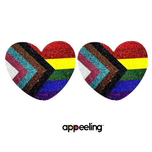 One Love - Glitter Heart Pride Progress Nipple Pasties, Covers for Rave Burlesque Lingerie