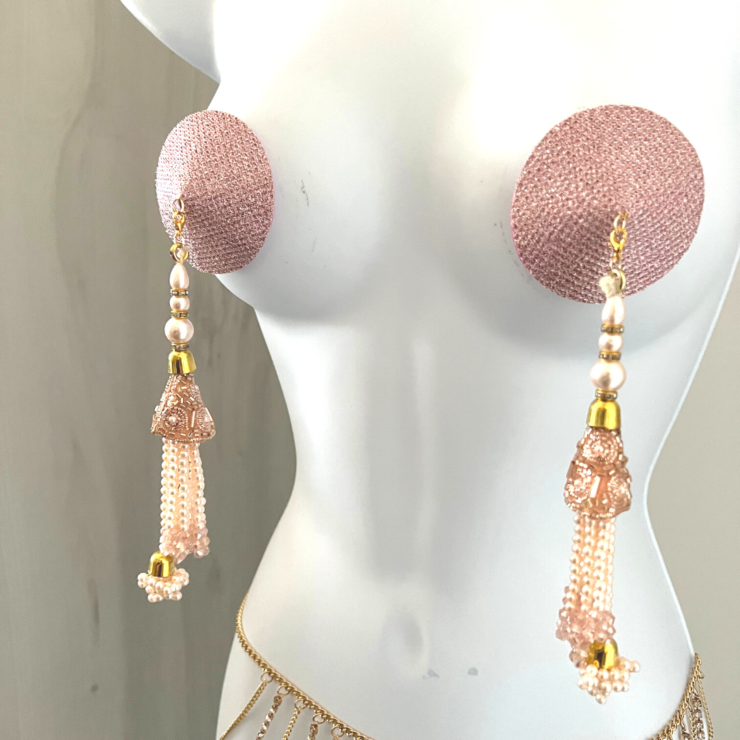 ROSÉ ALL DAY Light Pink Foil & Nipple Pasties, Covers with Hand Beaded Pearl and Gem Tassels (2pcs) Burlesque Lingerie Raves and Festivals