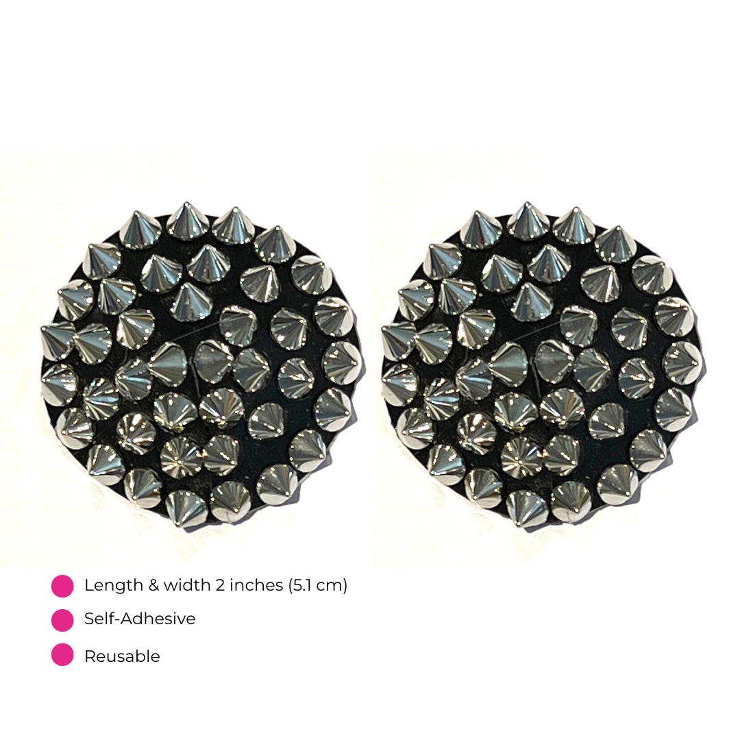 SPIKE Black Vegan Leather with Metal Studs Nipple Pasty, Covers (2pcs) for Burlesque Lingerie Raves and Festivals