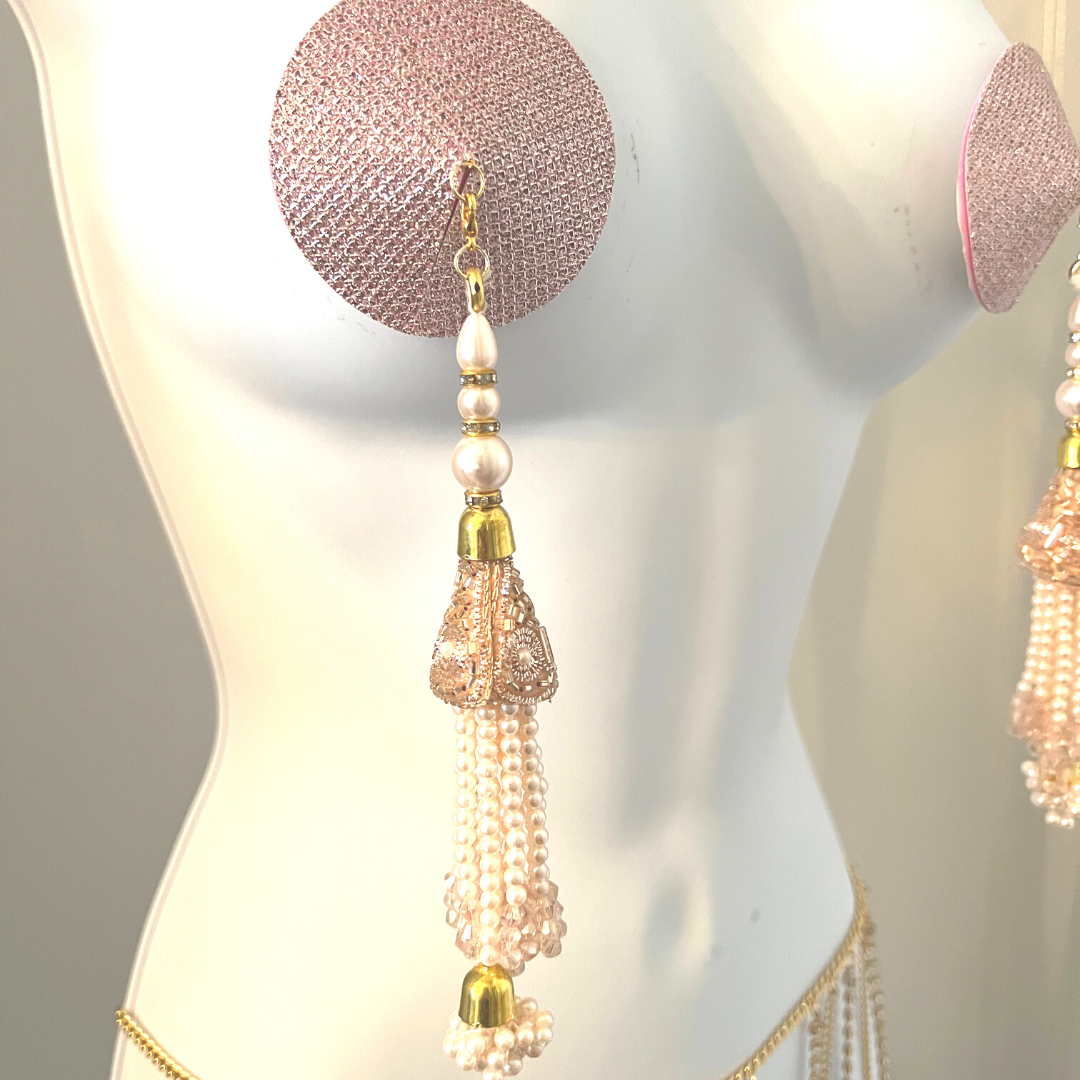 ROSÉ ALL DAY Light Pink Foil & Nipple Pasties, Covers with Hand Beaded Pearl and Gem Tassels (2pcs) Burlesque Lingerie Raves and Festivals