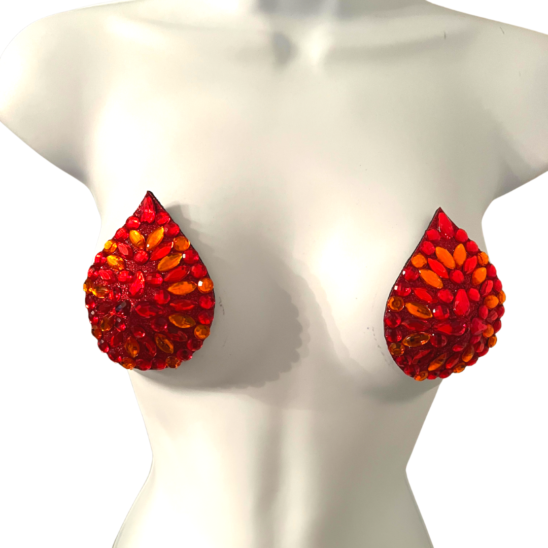 HOT SAUCE Red Glitter and Gem Teardrop Nipple Pasty, Covers (2pcs) for Burlesque Lingerie Raves Carnival and Festivals