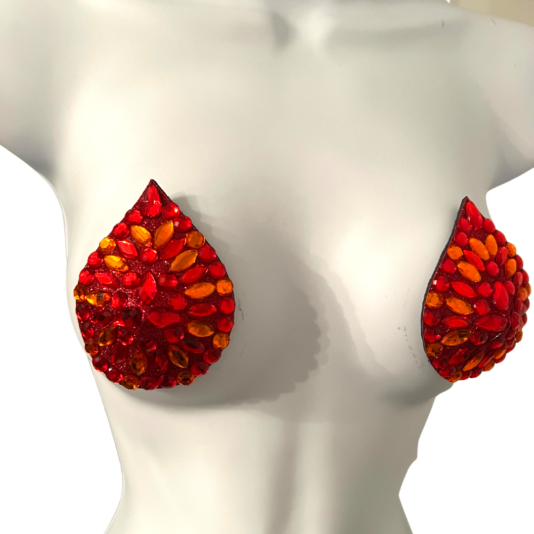 HOT SAUCE Red Glitter and Gem Teardrop Nipple Pasty, Covers (2pcs) for Burlesque Lingerie Raves Carnival and Festivals