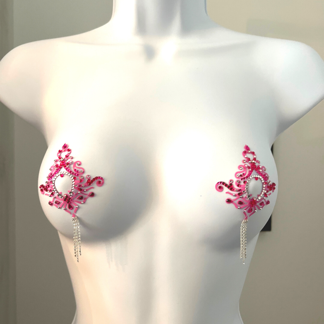 JASMINE Pink  Rhinestone & Crystal Intricate Nipple Pasties, Covers  (2pcs) for Burlesque Raves Lingerie and Festivals