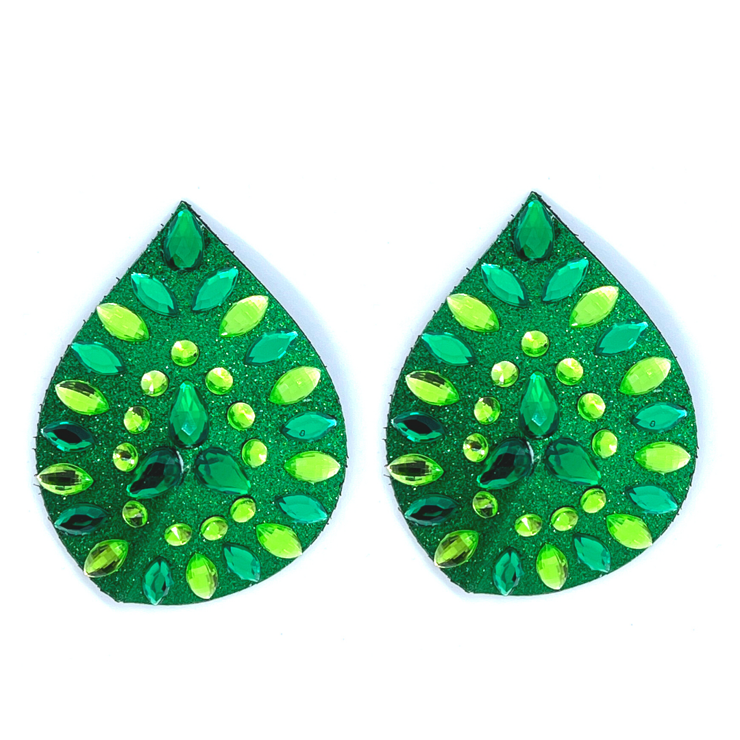 GREEN GODDESS Glitter and Gem Green Teardrop Pasties (2pcs) , Nipple Cover for Lingerie Festivals Carnival Burlesque Rave