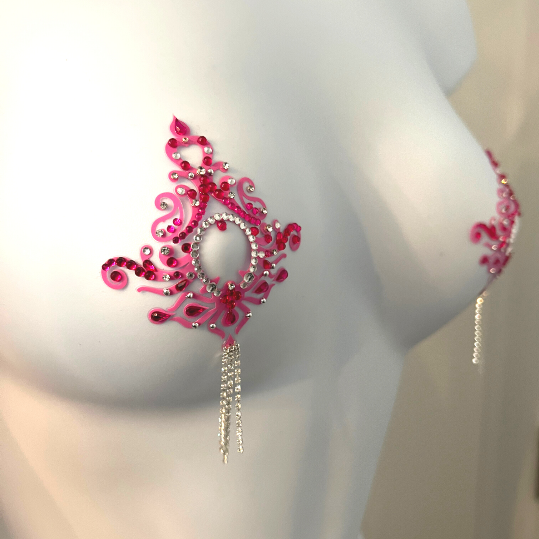 JASMINE Pink  Rhinestone & Crystal Intricate Nipple Pasties, Covers  (2pcs) for Burlesque Raves Lingerie and Festivals