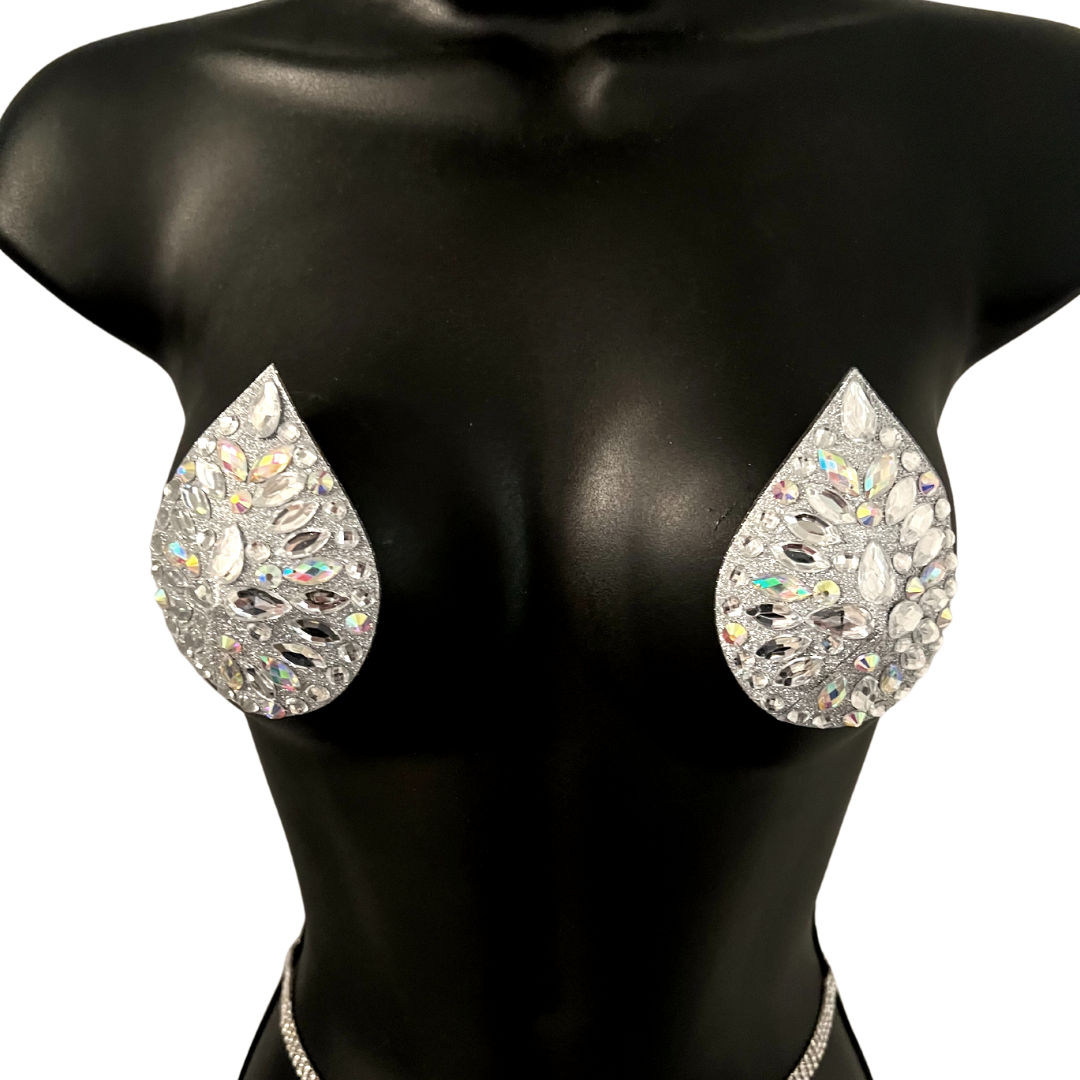 LADY GODIVA Glitter and Gem Silver & Iridescent Teardrop Nipple Pasty, Cover for Lingerie Festivals Carnival Burlesque Rave