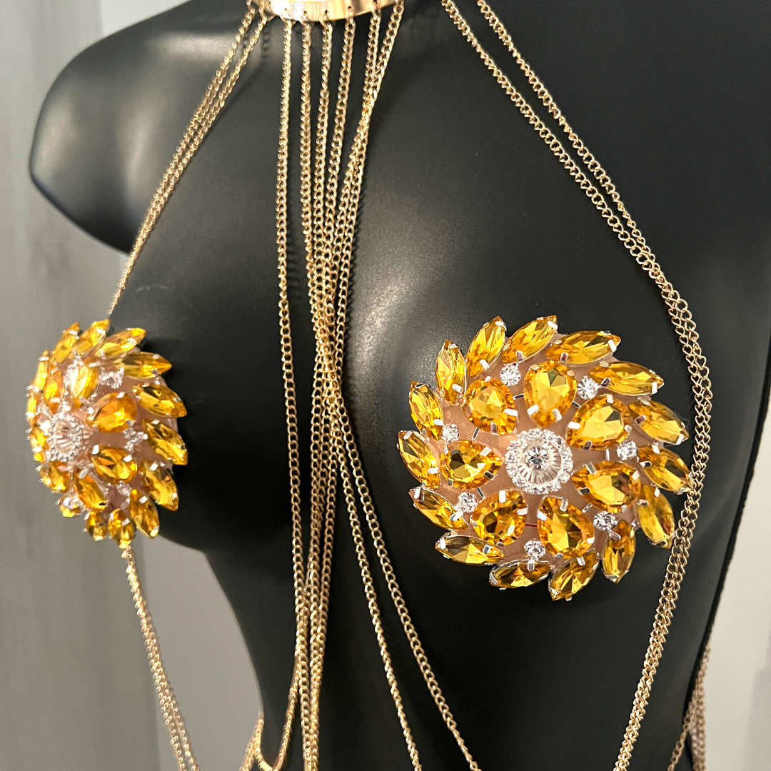 VENUS LA DOLL - Yellow Gem & Rhinestone Floral Shape Nipple Pasties (2 pcs), Covers for Festivals, Carnival Raves Burlesque Lingerie