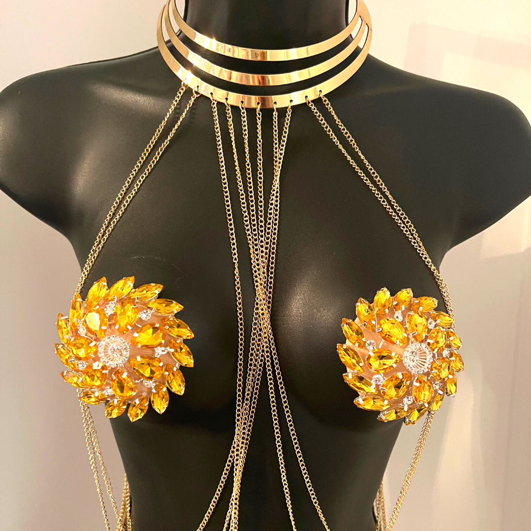 VENUS LA DOLL - Yellow Gem & Rhinestone Floral Shape Nipple Pasties (2 pcs), Covers for Festivals, Carnival Raves Burlesque Lingerie