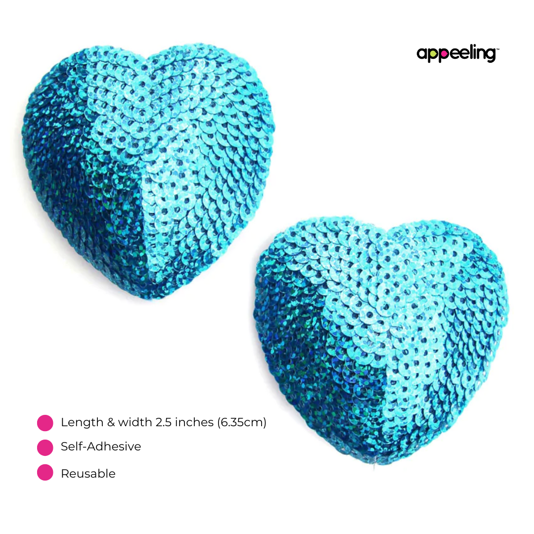 BLUE ICE 2 Pairs of Reusable Sequin Heart Nipple Pasties, Covers Tassels (4pcs) for Burlesque Raves Lingerie and Festivals – SALE