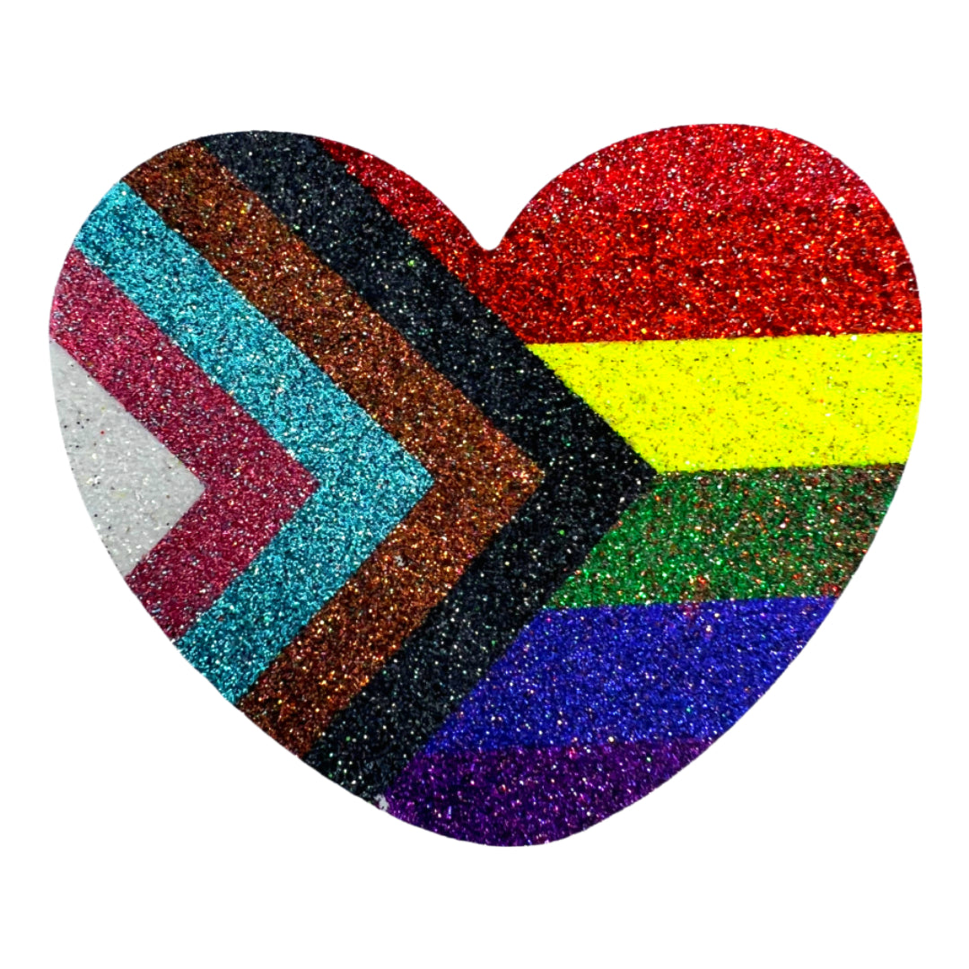 One Love - Glitter Heart Pride Progress Nipple Pasties, Covers for Rave Burlesque Lingerie