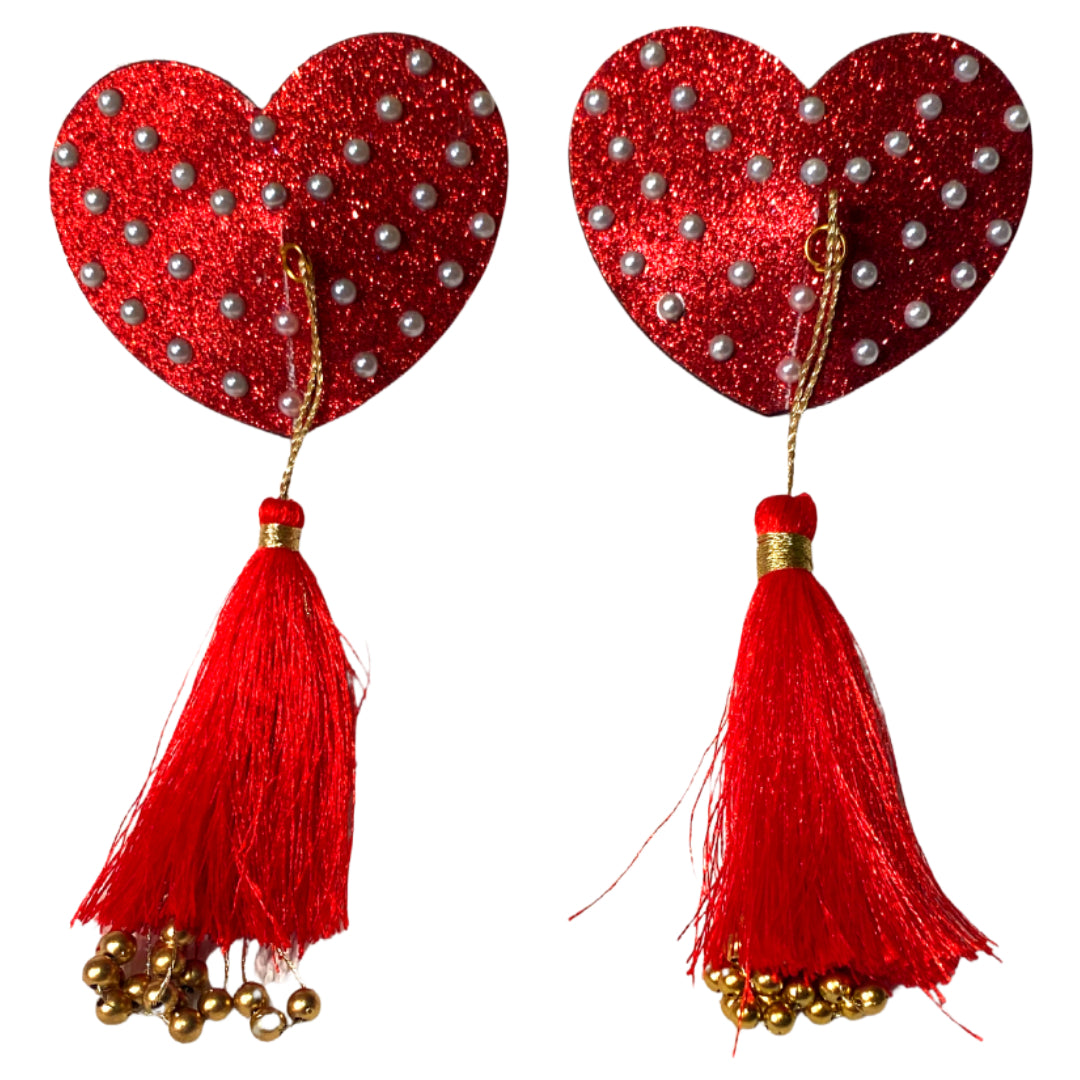 Fanny Valentine Glitter Hearts and Pearl  Pasties with Tassels (2 pcs) for Lingerie, Burlesque Festivals