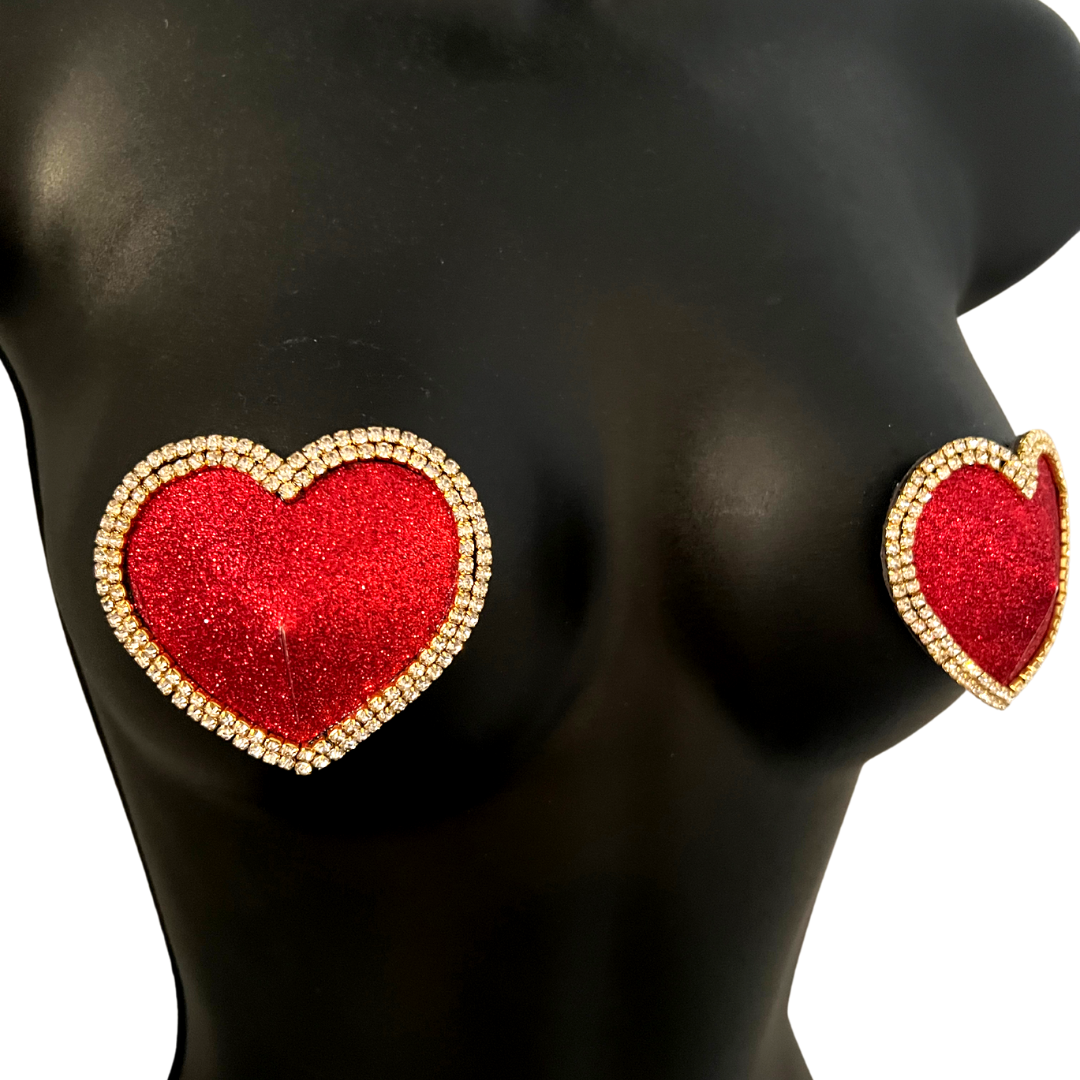 MON CHERIE Red, Pink, Green or Blue Glitter Heart and Rhinestone Nipple Pasty, Covers (2pcs) for Burlesque Lingerie Raves and Festivals