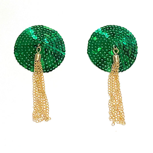 Prancer Green Sequin Nipple Pasty with Gold Chain Tassel for Burlesque Lingerie Raves Festivals